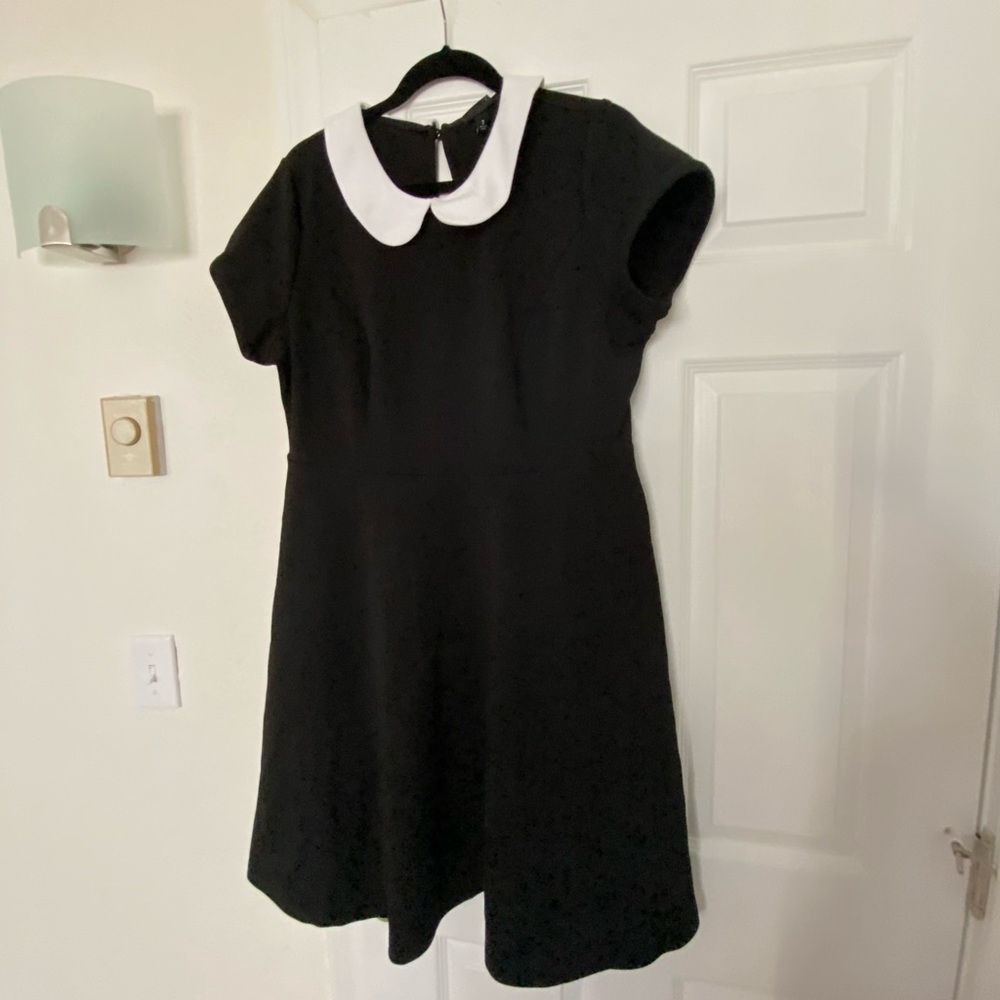 Plus size black dress with white collar.